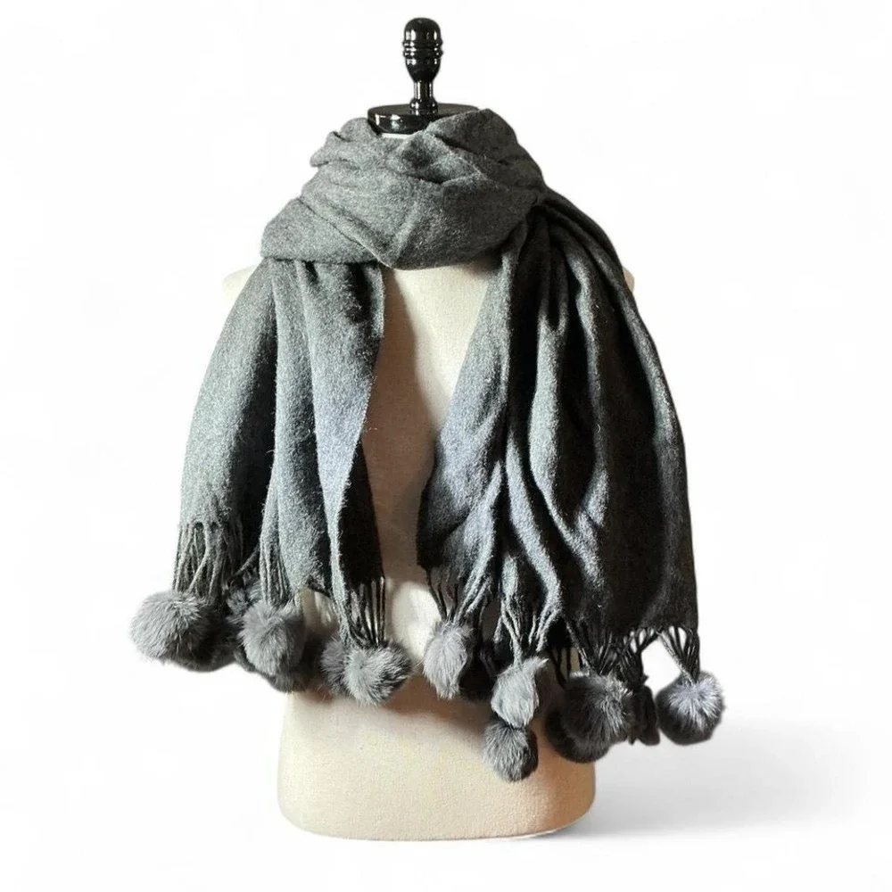 Luxury Grey Wool Fur Blend Scarf‎ with Pom Pom Tassels